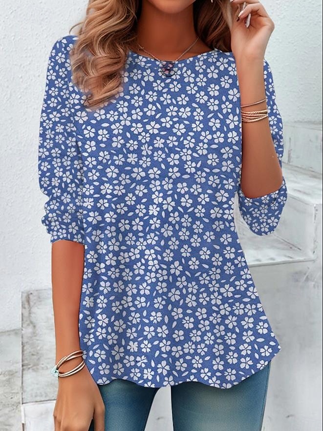 Dame T skjorte Kjærlighed Grafisk Elegant Årgang Mote Langermet Crew-hals Vanlige topper Daglig Ut på byen Helg Trykt mønster Rosa Blå Sommer Vår 2025 - $22.99 –P1