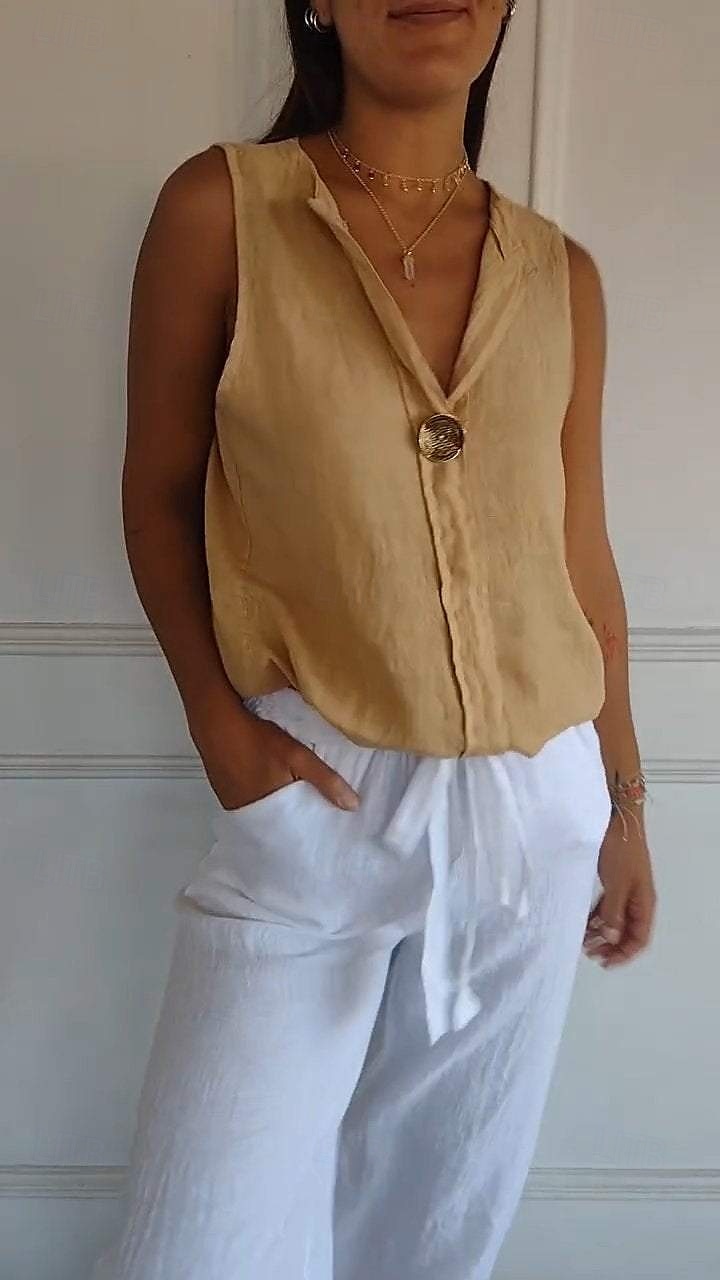 Women's Cotton Linen Shirt Blouse Solid Color Elegant Casual Sleeveless V Neck Regular Tops Daily Holiday Buttons White Navy Blue Green Khaki Summer Spring 2025 - $17.99 –P4