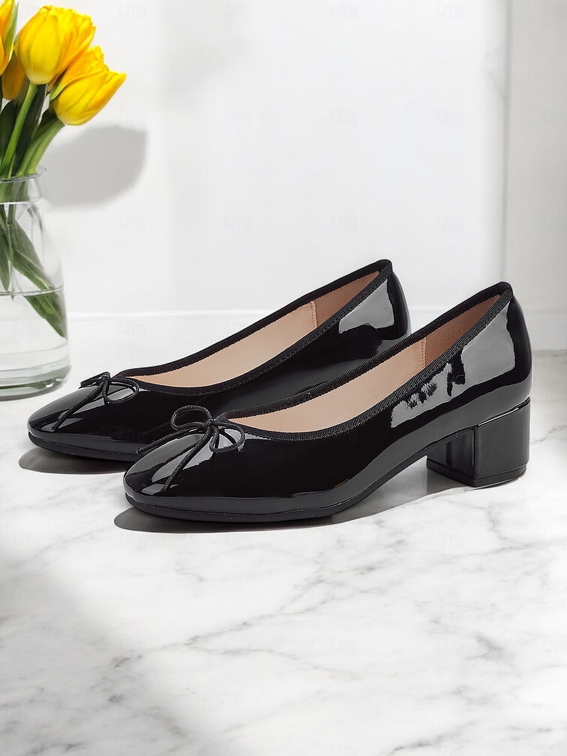 Women's Black Patent Leather Block Heel Ballet Pumps with Bow - Elegant Round-Toe Shoes for Work, Office & Formal Events 2025 - $32.99 –P4