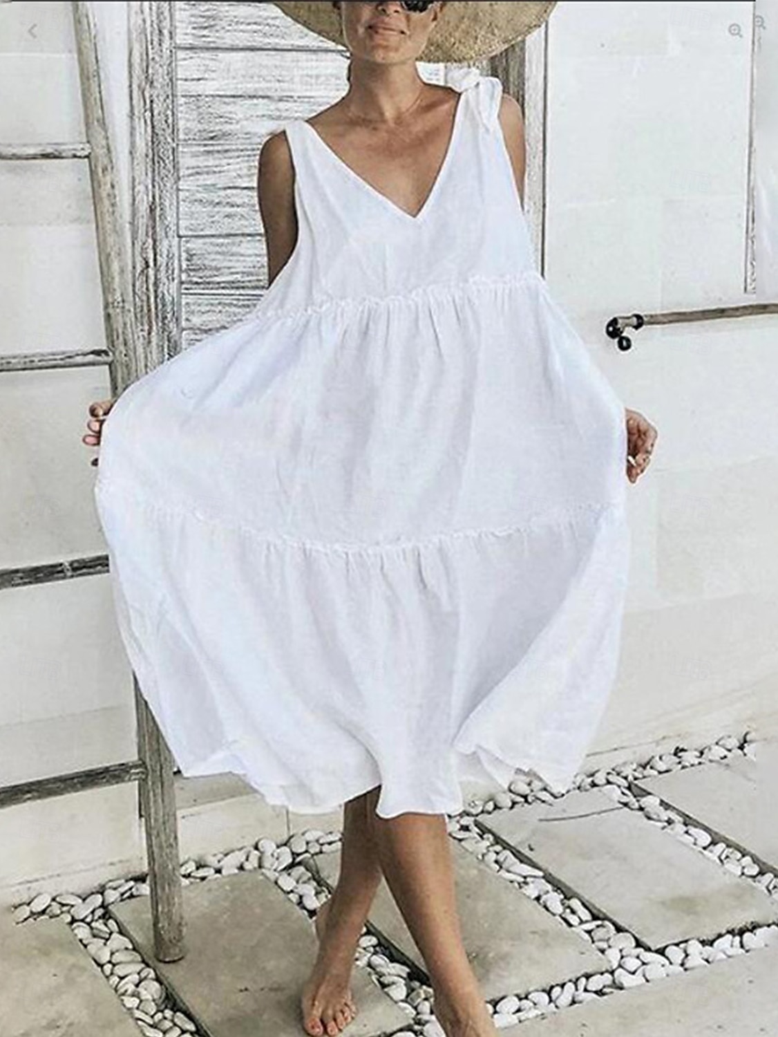 Damen Midikleid Weißes Kleid Casual kleid Sommerkleid Elegant Modern Täglich Sommerkleid Lockere Passform Glatt Einfarbig Ärmellos Tiefes V Schnürkragen Schwarz Weiß Rote Sommer 2025 - $17.99 –P3