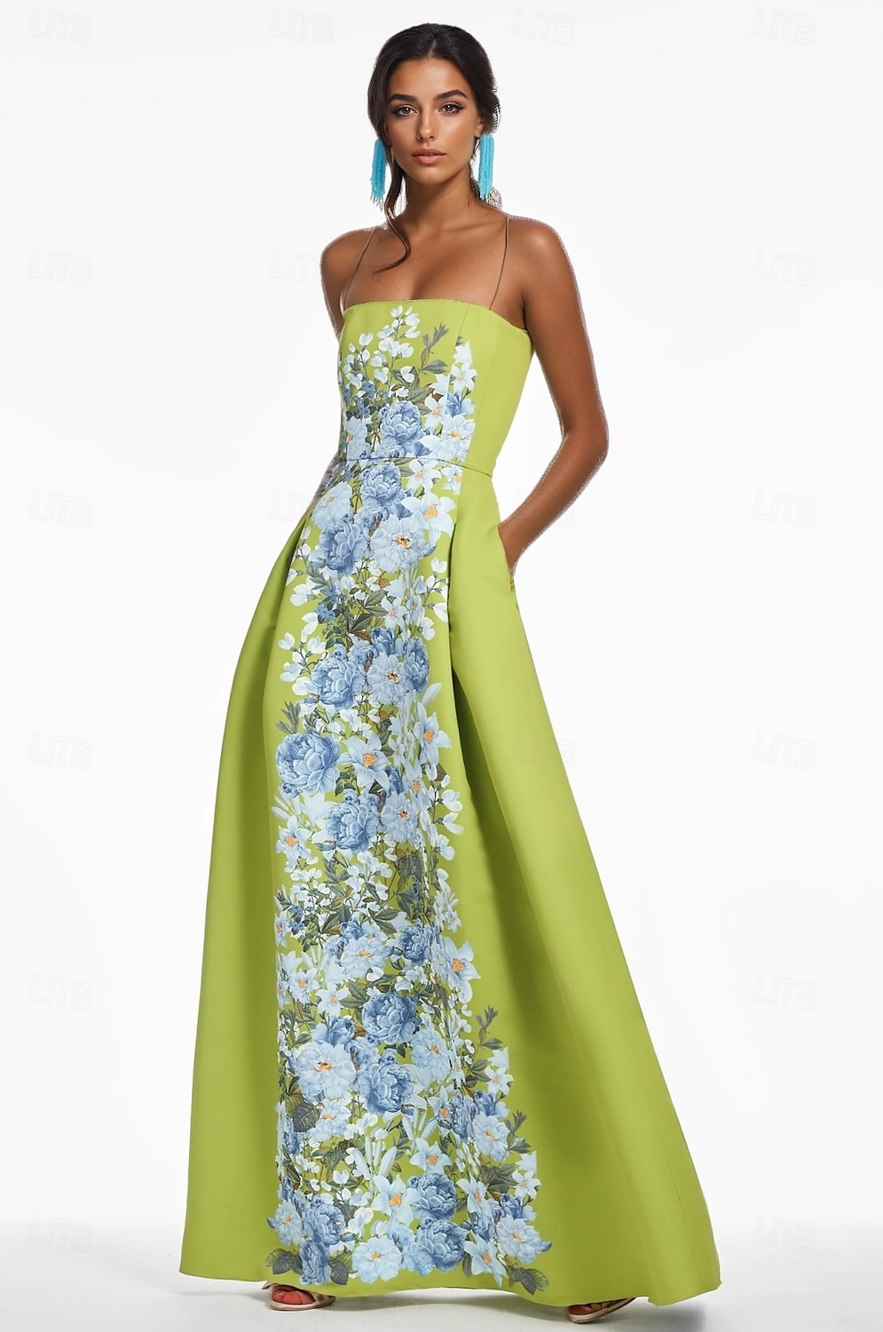 Abito da sera A-Line floreale verde vestito elegante formale per invitata a matrimonio lungo fino al pavimento senza maniche senza spalline satin abito per invitata al matrimonio 2025 del 2025 a $174.99 –P1