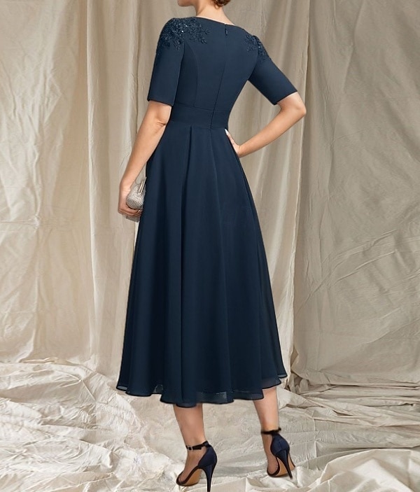 Robe Mère de la Mariée A-Line Invité de Mariage Élégante Col Arrondi Longueur Thé Chiffon Manches Courtes avec Perles Appliques Robe Midi 2025 de 2025 ? $142.99 –P2