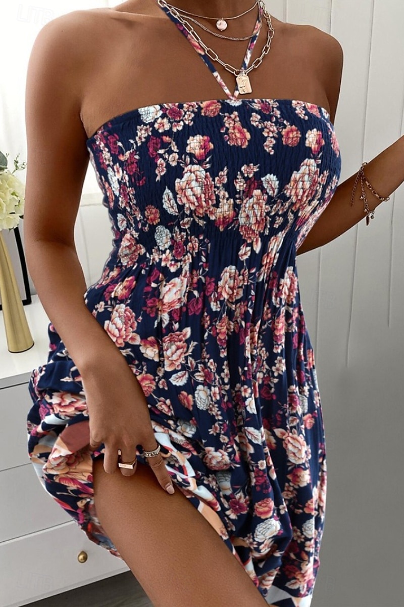 Dame Mini kjole Sommerkjole Halter Neck kjole Print kjole Mote Daglig Ut på byen Helg Normal Blomsternål i krystall Ermeløs Grimehals Hvit Navyblå Blå Sommer 2025 - $21.99 –P1