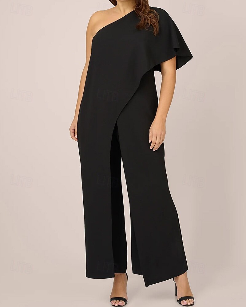 Jumpsuits Mother of the Bride  Elegant Simple Minimalist One Shoulder Floor Length Crepe Short Sleeve with Ruffles 2025 - $136.99 –P1