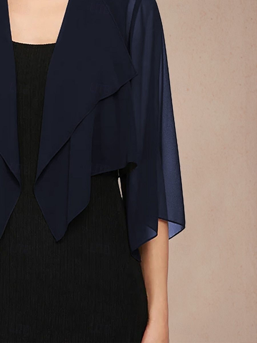 Dam Flytande toppar Chiffong toppar Ensfärgat Elegant 3/4 ärm Asymmetrisk Crop Tops Bröllopsgäst Marinblå Sommar Vår Höst 2025 - $29.99 –P3