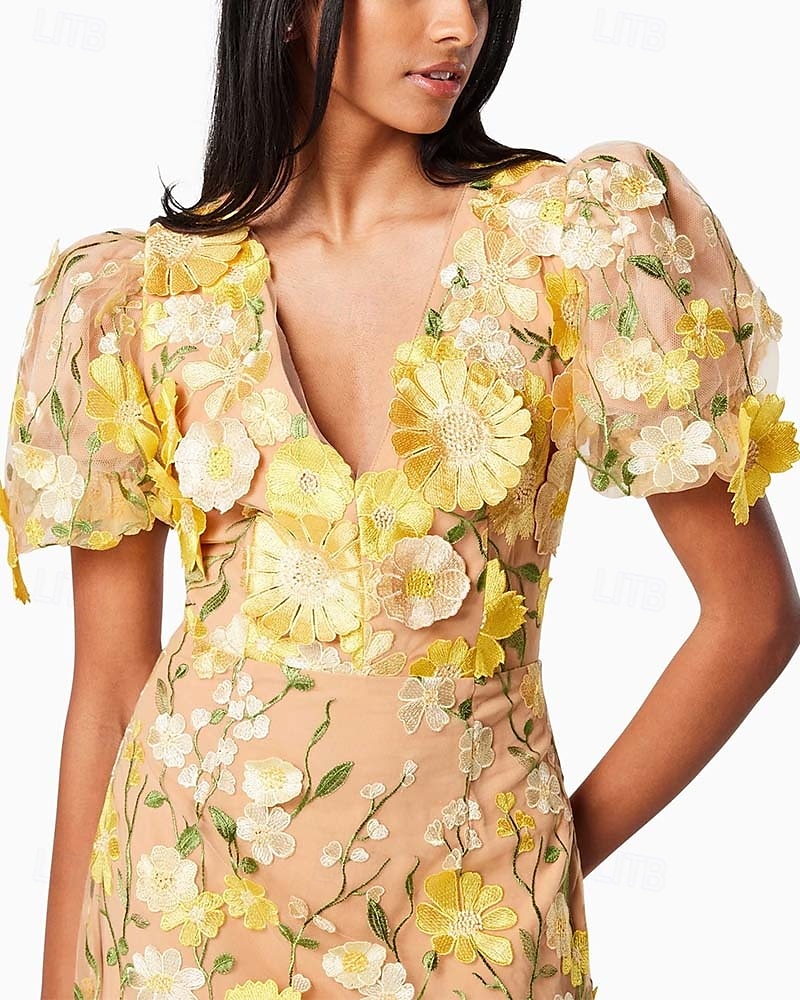 Sheath / Column Cocktail Dresses Elegant Dress Formal Evening Party Tea Length Short Bubble Sleeve V Neck Pocket Tulle with 3D Flowers Derby Dresses 2025 2025 - $183.99 –P3