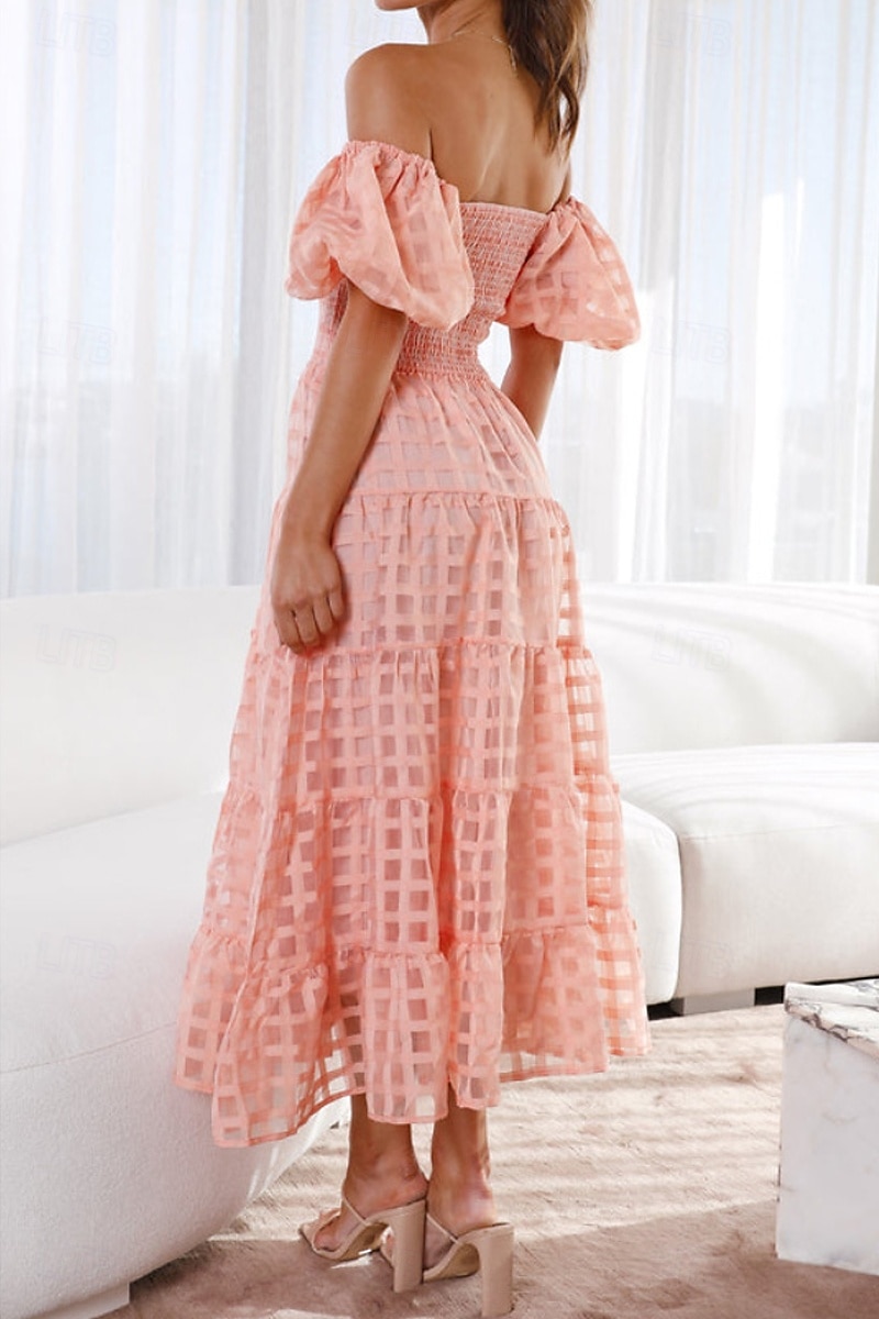 Women's Midi Dress Graduation Dress Fashion Modern Lantern Sleeve Vacation Graduation Weekend Regular Fit Plain Short Sleeve Off Shoulder Black White Yellow Pink Summer 2025 - $27.99 –P8