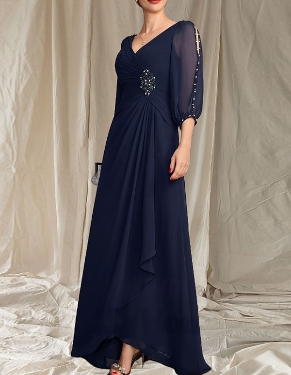 Linea ad A Abito da cerimonia per signora Ospite di nozze Elegante Scollo a V Lunghezza al pavimento Chiffon Manica 3/4 con Perline Arricciatura 2025 del 2025 a $195.99 –P4