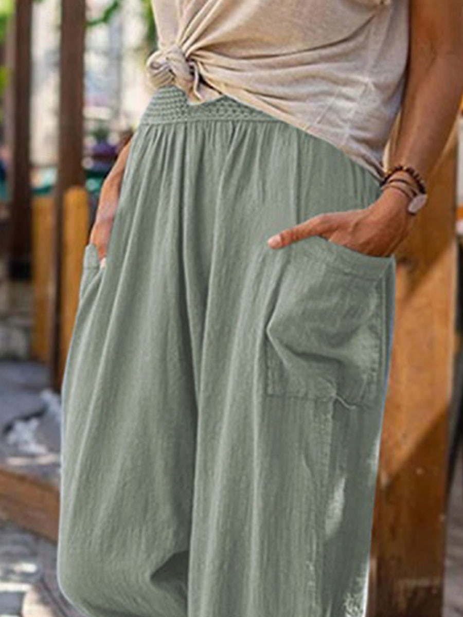 Pantaloni baggy in cotone e lino da donna chinos moda streetwear lunghezza intera vita media tasca semplice elastico comodo morbido confortevole micro-elastico all'aperto street blu uovo di merlo del 2025 a $16.99 –P3