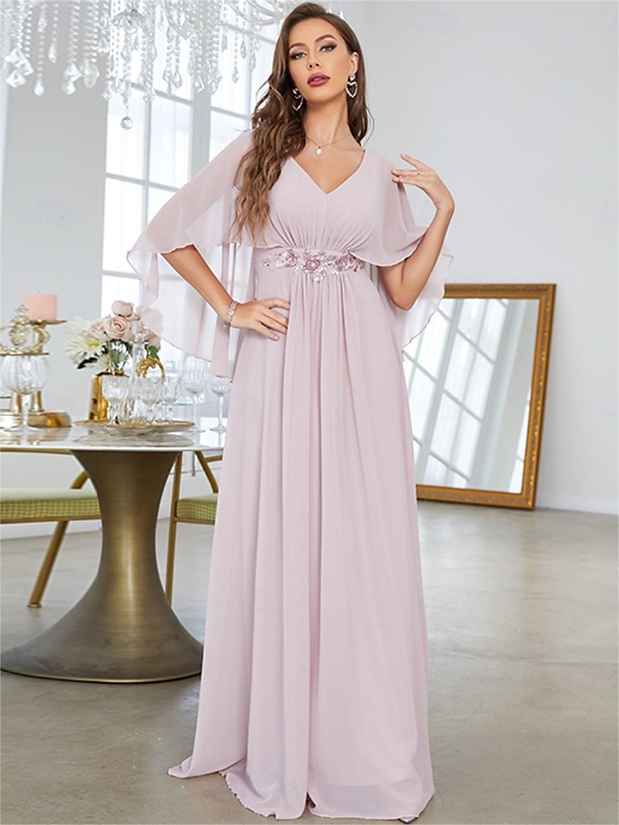 Dress Mother of the Bride Dress Elegant Party V Neck Floor Length Polyester Half Sleeve with Appliques 2025 2025 - $82.99 –P16