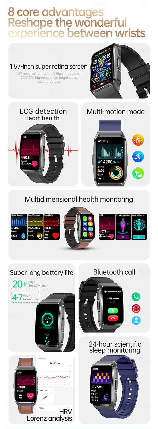 iMosi ET650 Умные часы Фитнес-трекер ЭКГ Монитор температуры Bluetooth Android iOS Водонепроницаемые 1,57 2025 - $64.99 –P2
