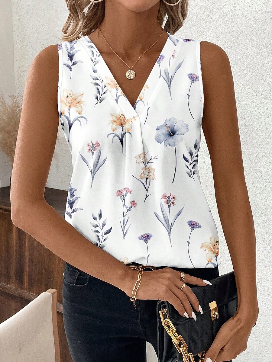Femmes Débardeur caraco Fleuri Graphique Élégant Occasionnel Sans manches Col en V Hauts Réguliers Quotidien Imprimé Blanche Été de 2025 ? $19.99 –P3