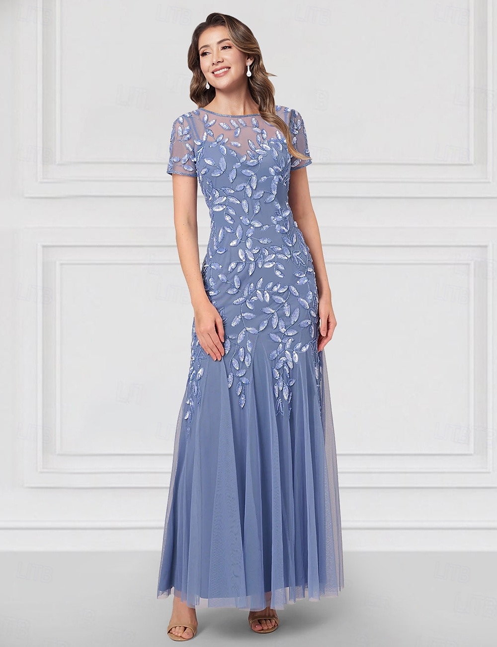 Gyöngyös Virágos Kék Zöld A-vonalú Hímzett Menyasszony Édesanyjának Ruha Esküvő Elegáns Vintage V Nyak Térdfeletti Rövid Ujjú Tüll 2025 - $147.99 –P1