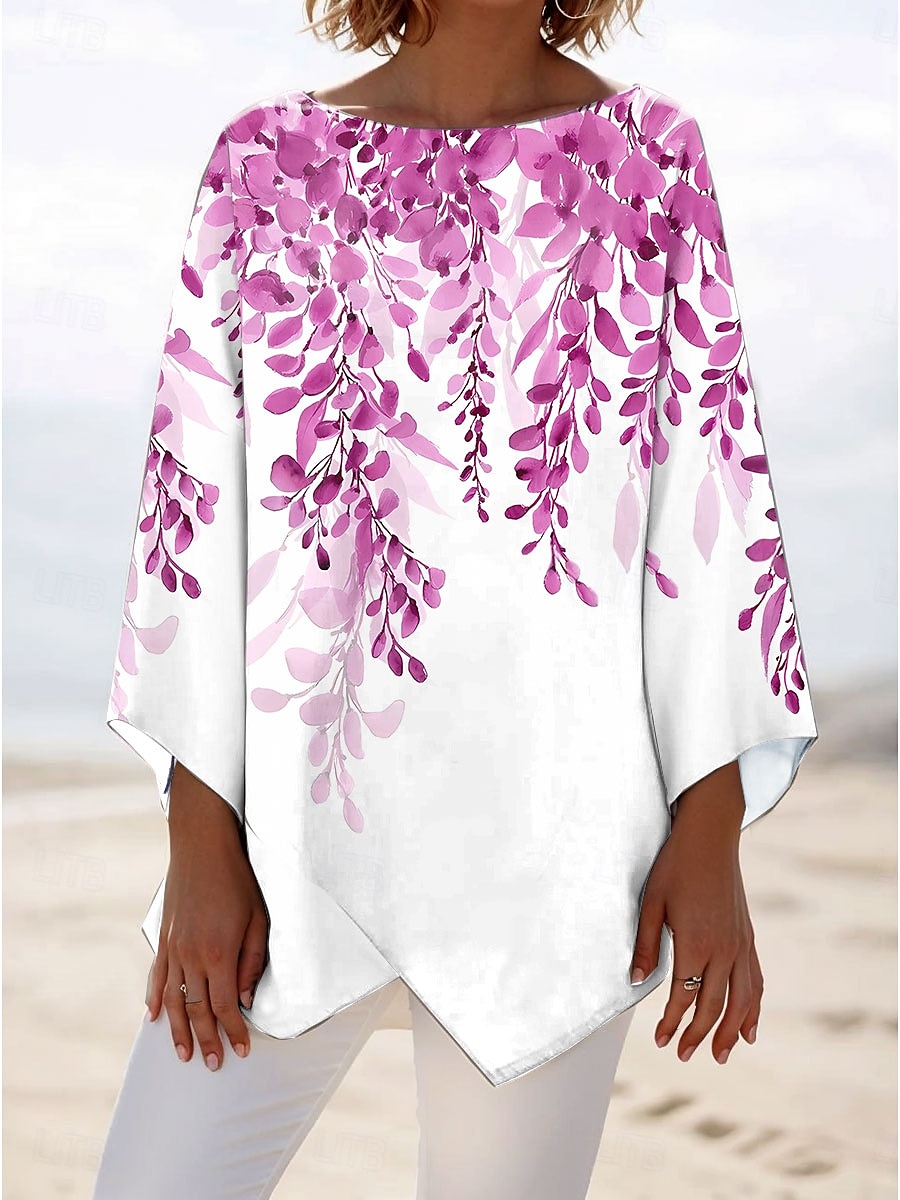 Dame Bluse Blomstret Grafisk Stilfull Strandstil 3/4 ermer Crew-hals Vanlige topper Daglig Trykt mønster Rosa Blå Grønn Vår Høst 2025 - $24.99 –P4