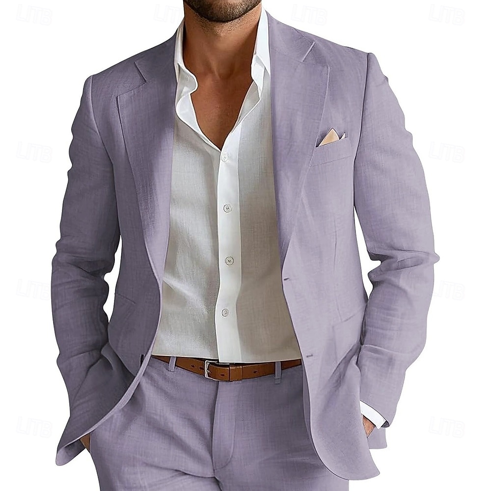 Masculino Smoking ternos de linho casamento na praia Casual sábio Lilás Primavera / Outono / Inverno / Verão Terno Leve Cor Sólida Padrão Conjunto de 2 peças Comum 1 Botão de 2026 por $125.99 –P7