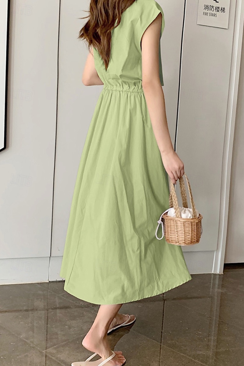 Per donna Abito Midi Abiti in cotone e lino Moda Classico Moderno All'aperto Quotidiano Ferie Vestibilità regolare Semplice Senza Maniche Girocollo Nero Verde chiaro Verde militare Blu marino Estate del 2025 a $26.99 –P5