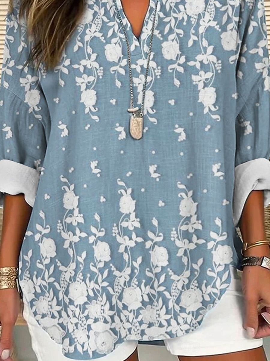 Women's Shirt 3D Print Floral Graphic Vintage Tropical Hawaiian Long Sleeve V Neck Regular Tops Daily Holiday Beach Wear Print White Yellow Pink Blue Khaki Summer Spring 2025 - $24.99 –P6