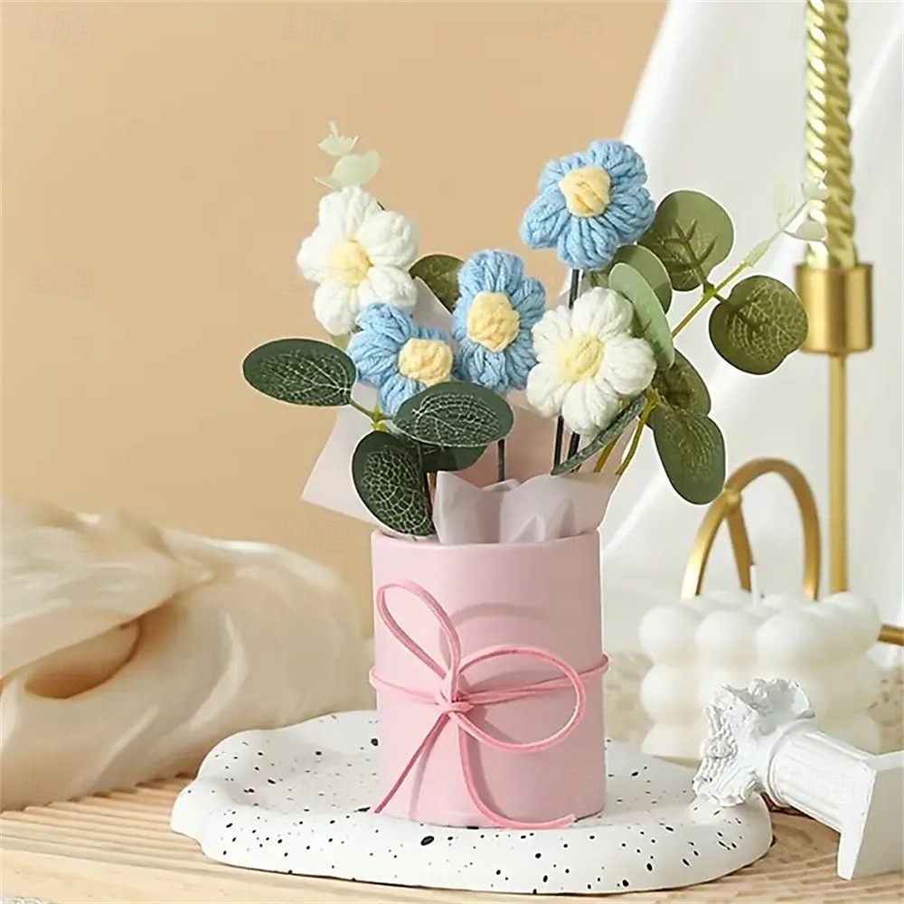 Buchet de flori artificiale din fire țesute manual - 1 set inclusiv flori țesute din țesătură hârtie de împachetat găleată din plastic 5 flori croșetate din fire - potrivite pentru cadouri pentru 2025 - $11.49 –P5