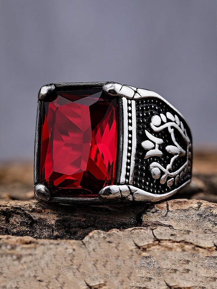 Vintage Men's Stainless Steel Emerald Gemstone Ring - Vintage Gothic Silver Statement Ring, Engraved Antique Style, Fashion Jewelry for Weddings, Parties and Daily Wear 2025 - $14.99 –P8