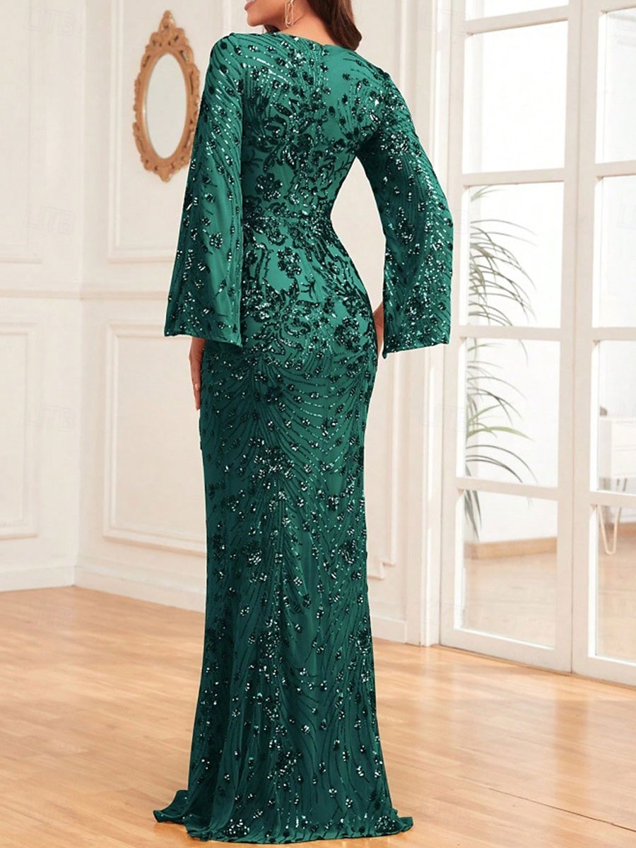 Havfrue  Trompet Quinceanera Kjoler Elegant Kjole Bryllup Bryllups gjest Gulv Lengde Lange Ermer V Hals Spandex med Paljetter 2025 - $129.99 –P14