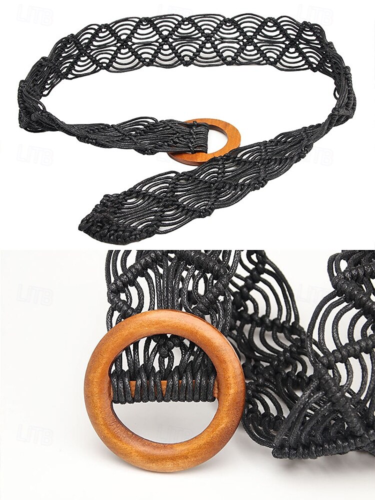 tkaný opasek boho macrame pro ženy – ručně vyrobený široký bederní pás s dřevěnou přezkou, vintage chic styl pro šaty, ležérní outfity a letní plážové oblečení 2025 - $11.99 –P8