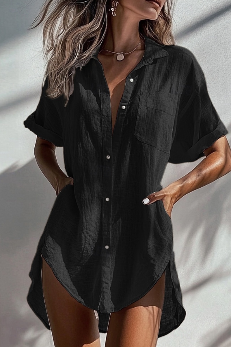 Per donna Camicia Camicie ispirate al lino Abbottonare Blusa Semplice Essenziale Moderno Manica Corta Colletto a Camicia Top lunghi Ferie Uscire Bottoni Tasca Asimmetrico Nero Bianco Albicocca Estate del 2025 a $26.99 –P5