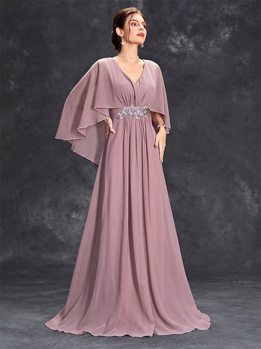 Dress Mother of the Bride Dress Elegant Party V Neck Floor Length Polyester Half Sleeve with Appliques 2025 2025 - $82.99 –P10