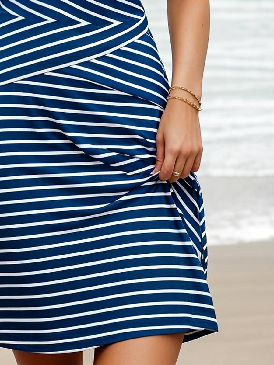 Damen Minikleid A Linie Kleid Sommerkleid Schulterfreies Kleid Urlaub Lässig Lässiger Schnitt Grafik Gestreift Ärmellos U-Ausschnitt Marineblau Sommer 2025 - $21.99 –P3