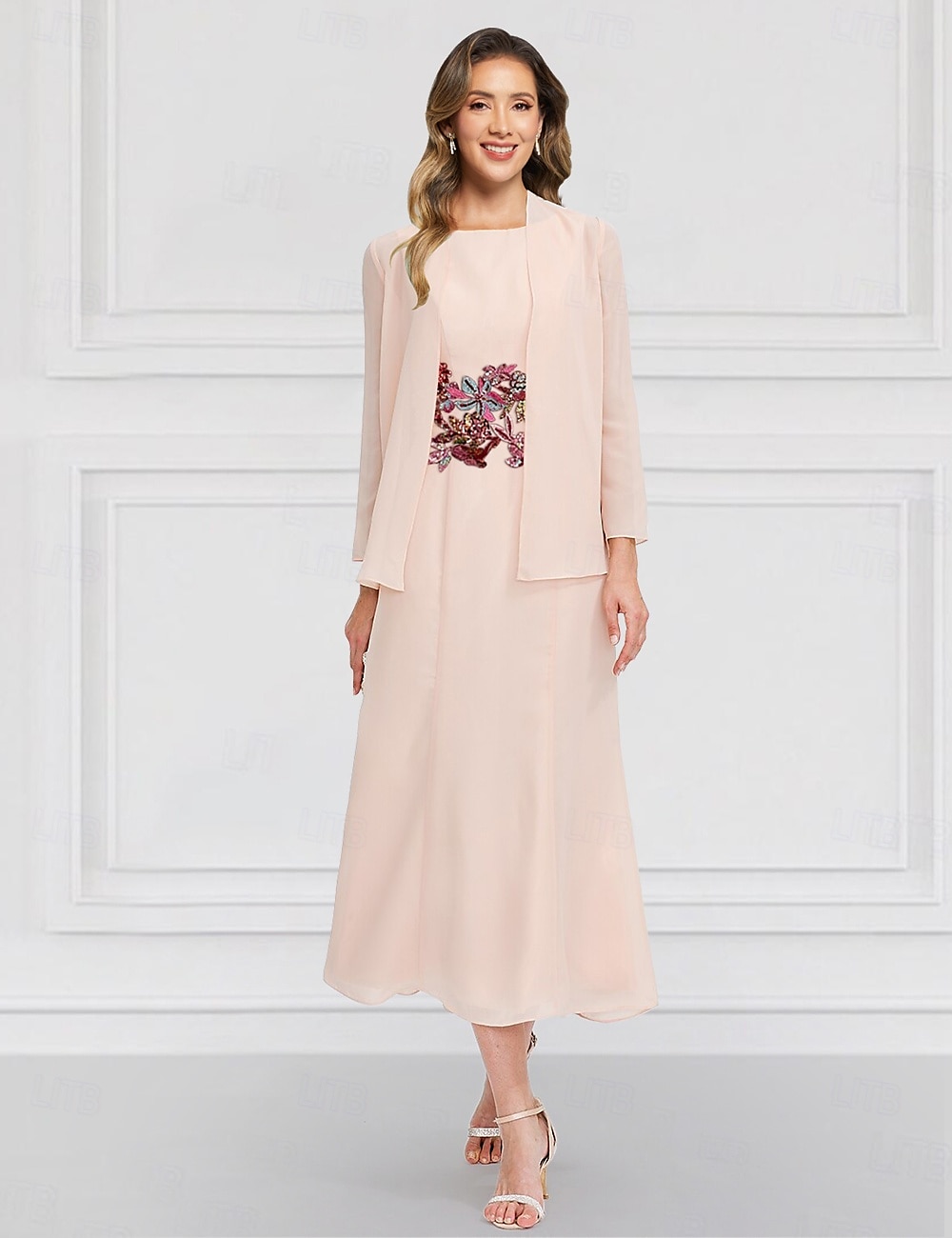 Blue Green Floral Two Piece Dress Sets Mother of the Bride Elegant Vintage Jewel Neck Ankle Length Chiffon Long Sleeve with Lace Embroidery Flower 2025 - $146.99 –P7