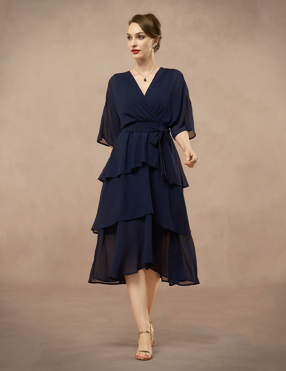 A-Line Mother of the Bride Dress Wedding Guest Elegant V Neck Floor Length Chiffon Half Sleeve with Bow(s) Cascading Ruffles Solid Color 2025 2025 - $87.99 –P6
