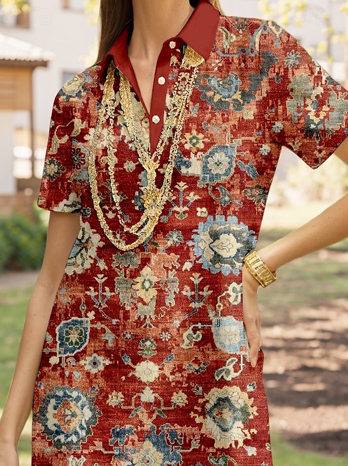 Damen Midikleid A Linie Kleid Urlaub Lässig Täglich Date Normale Passform Grafik Geometrisch Kurzarm Hemdkragen Wein Sommer 2025 - $29.99 –P3