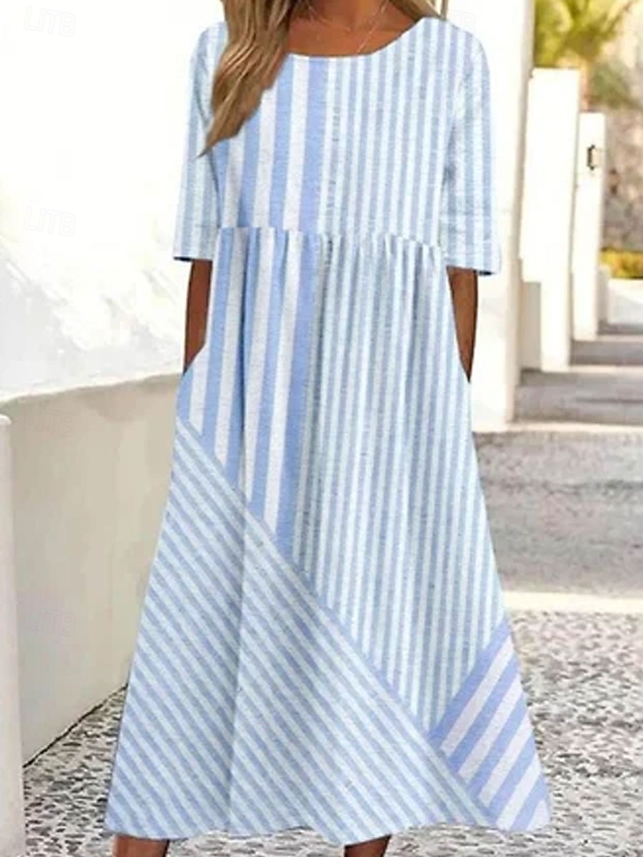 Dames Halflange jurk Zonnejurk Zomerjurk Vakantie Casual Strandstijl Dagelijks Feestdagen Teaparty Ruim Passend Grafisch Gestreept Halve mouw Strakke ronde hals blauw Blozend Roze Paars Zomer 2026 - $33.99 –P2