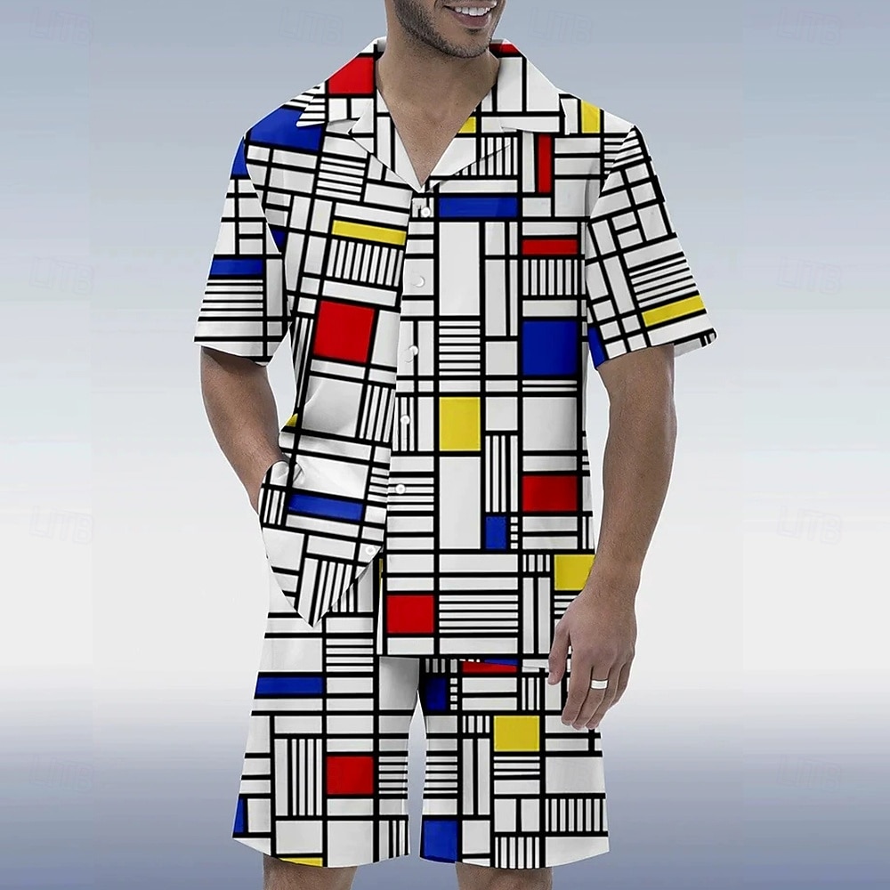 Men's Color block stitching 2pcs Shirts Sets Shirt Short Sleeve Short Pants Cuban Collar Vacation Casual Daily Party Casual Daily 3D Print Summer Rainbow 2025 - $37.99 –P1