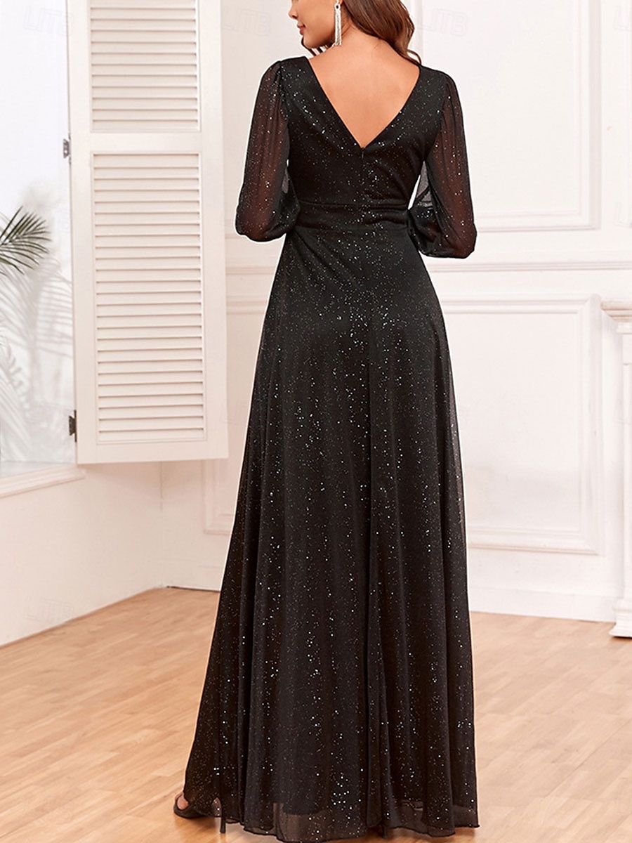 Šaty matky nevěsty elegantní párty černé šaty V krku na zem polyester dlouhý rukáv se sequiny 2025 - $120.99 –P2