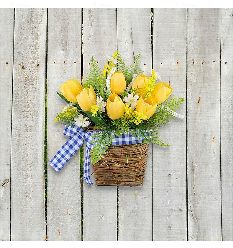 guirlanda de primavera tulipa artificial e videira verde cesta decoração pendurada com fita xadrez para hotéis, cafés, entradas de casa de 2025 por $14.99 –P5