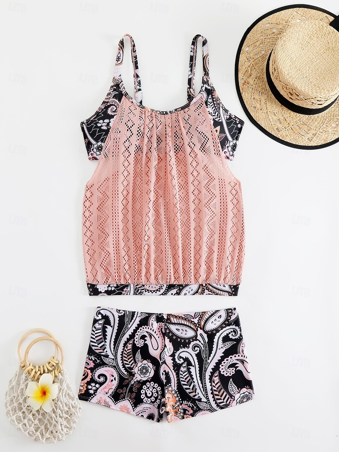 Dam Plusstorlekar Badkläder Tankini 2 st Längre baddräkt Hög midja Baddräkt Genomskinlig Hög midja Stickat Stylish Standkläder Leopard Tropisk Rund hals Ärmlös Baddräkter 2025 - $25.99 –P1