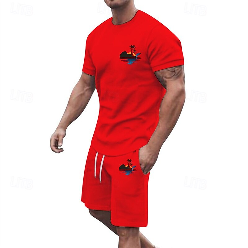 Herr T-shirtkostymer 2 delar outfits T-shirt och shorts Kortärmad Rund hals Sommar Kokosnötsträd Mode Ledigt 2 st Semester Dagliga kläder Utekväll Svart Vit Gul Topp t-shirt för män 2025 - $25.99 –P5