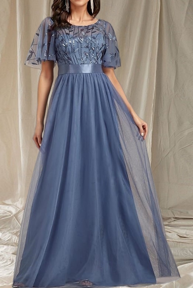 A-Line Wedding Guest Dresses Elegant Dress Wedding Guest Floor Length Short Sleeve Crew Neck Fall Wedding Guest Lace with Glitter Sequin 2025 - $164.99 –P3