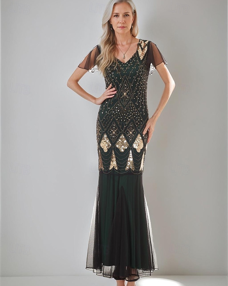 Sheath / Column Mother of the Bride Dress Elegant Vintage Party V Neck Floor Length Lace Tulle Short Sleeve with Beading Sequin Appliques 2025 - $79.99 –P1