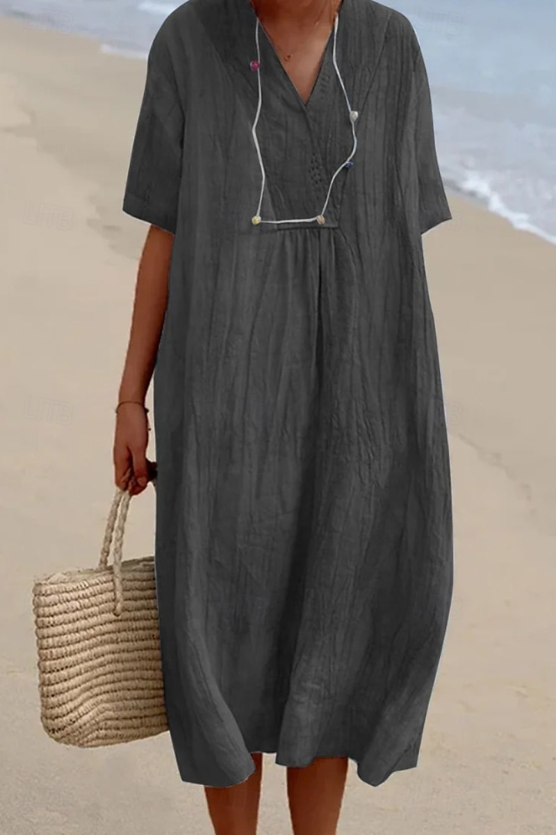 Femmes Robe Midi Robes en coton et lin Robe en coton et lin Mode Classique Moderne Vacances Quotidien Fête Coupe régulière Uni Manche Courte Col en V Vert Claire Rose Claire Bleu Vert Été de 2025 ? $26.99 –P4
