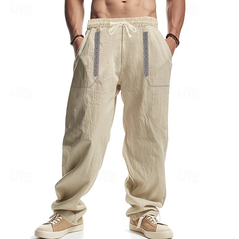 Men's Linen Pants Trousers Summer Pants Beach Pants Patchwork Drawstring Straight Leg Plain Comfort Breathable Full Length Casual Daily Holiday Fashion Classic Style Black White 2026 - $26.99 –P5
