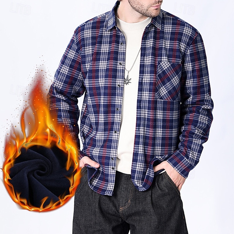 Men's Shirt Casual Shirt Beach Shirt Fleece Shirt Button Up Shirt Red Royal Blue Blue Orange Green Long Sleeve Plaid Lapel Vacation Hawaiian Pocket Clothing Apparel Polyester Fashion Casual 2025 - $28.99 –P9