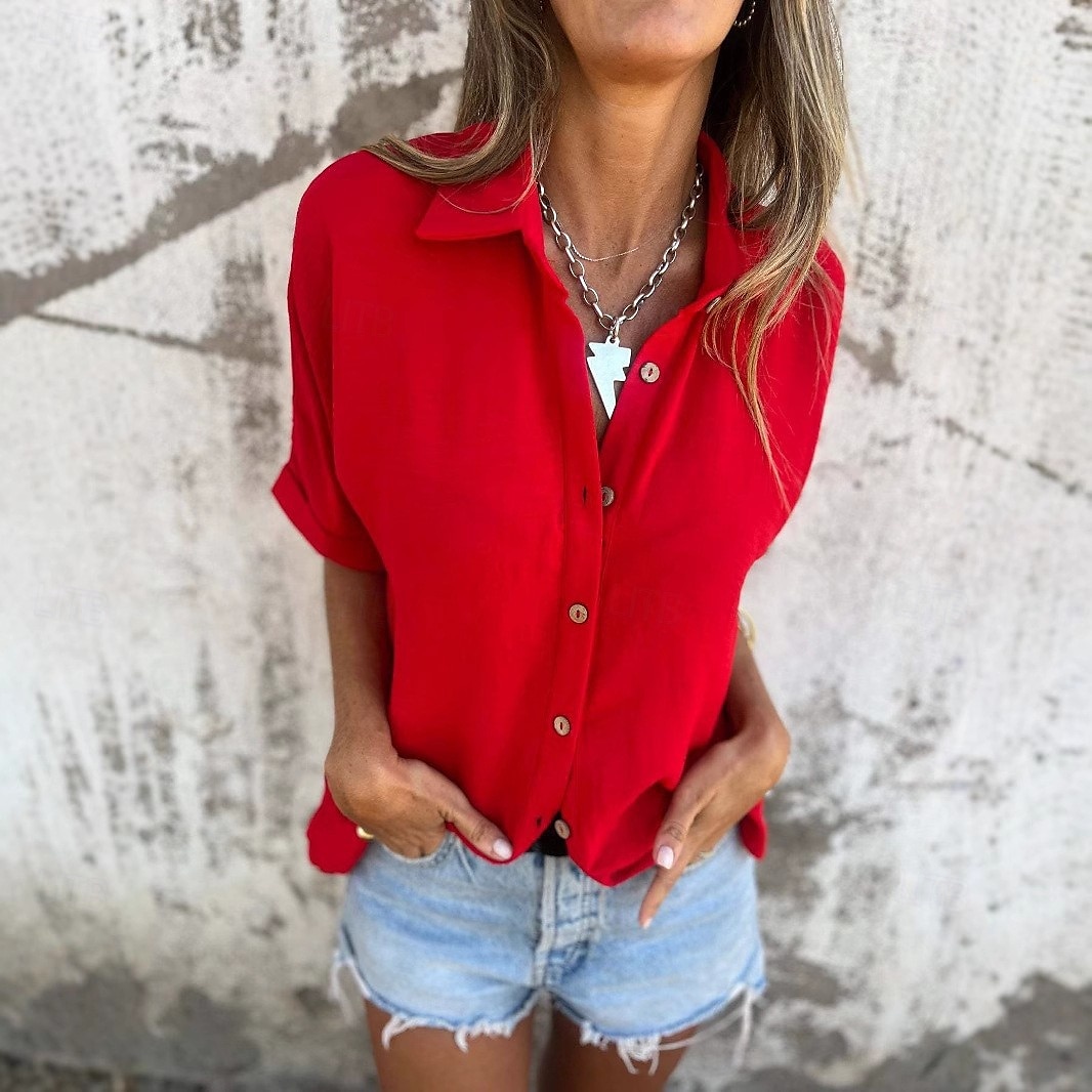Cămașă Bluză din Bumbac și In Culori Uni Elegant Casual Mânecă Scurtă Guler Regulare Tops Zilnic Sărbătoare Butoane Negru Alb Roșu Violet Khaki Vară Primăvară 2025 - zł95.99 –P2