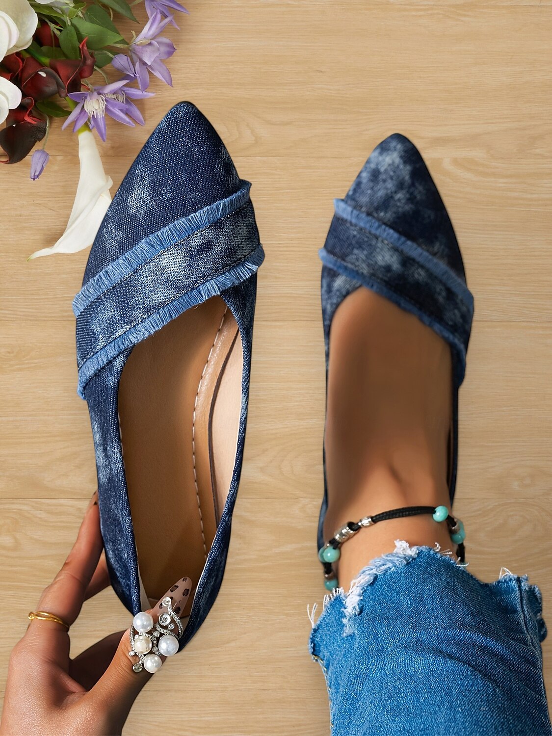 pantofi de damă din denim cu vârf ascuțit - pantofi slip-on cu franjuri uzați pentru ținute casual 2025 - $19.99 –P3