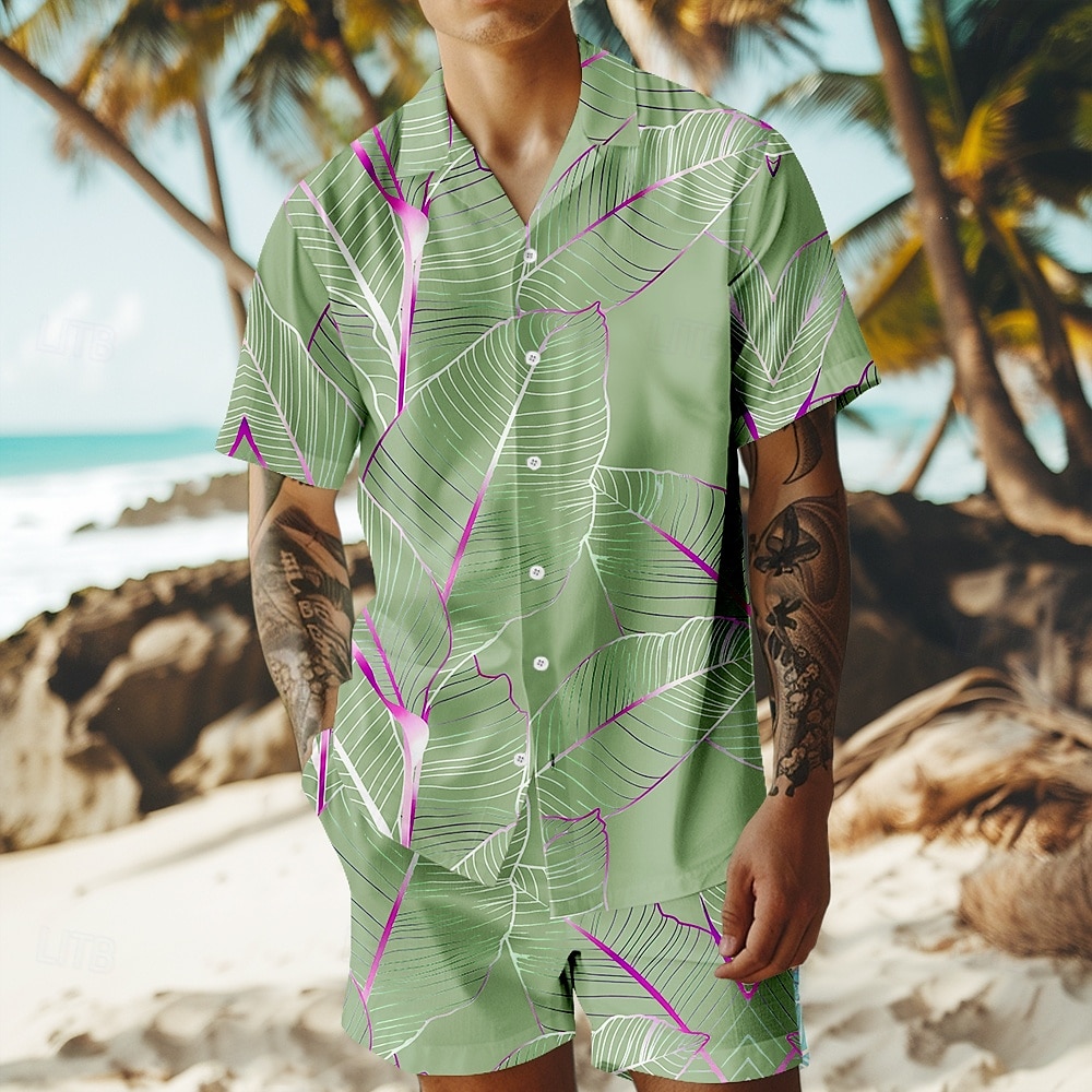 Férfi Fák / falevelek 2db Ingek készletek Hawaii ing Rövid ujjú Rövid nadrág Kubai nyakörv Szabadság Parti Hétköznapi Napi 3D nyomtatás Nyár Kék tó Ibolya Zöld 2025 - $32.99 –P3