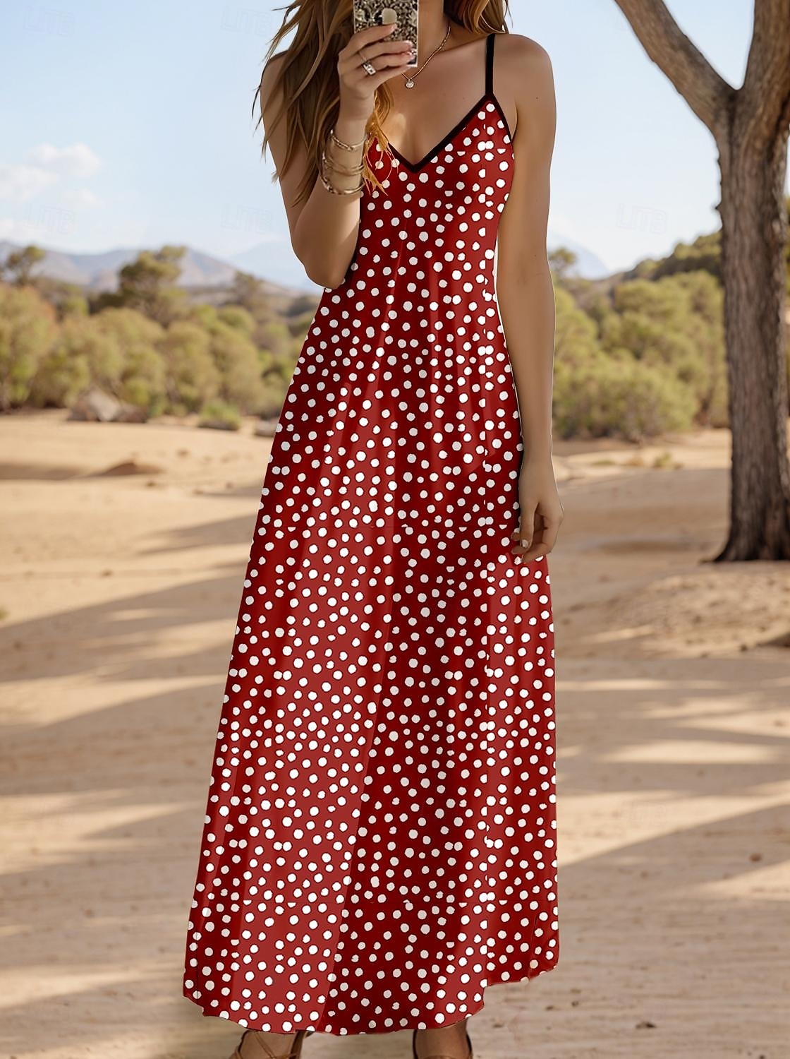 Abito Maxi Donna Abito estivo Abito a A Abito sottoveste Vacanza Casual Quotidiano Spiaggia Taglio Regolare Grafico Pois Senza maniche V Collo Bordeaux Estate Primavera del 2025 a $34.99 –P1