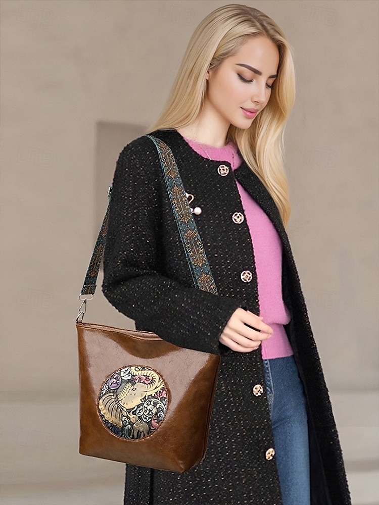 Women's Vintage Elephant Embossed Shoulder Bag – Boho Faux Leather Crossbody Purse with Adjustable Strap, Casual Travel & Everyday Handbag 2025 - $18.99 –P2