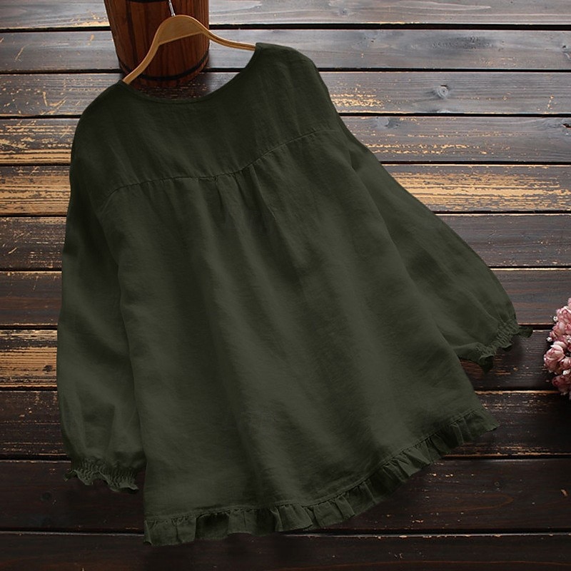 Women's Blouse Cotton Linen Shirts Plain Basic Modern Long Sleeve Square Neck Regular Tops Daily Holiday Going out Ruffle Black White Pink Army Green Navy Blue Summer 2025 - $22.99 –P16
