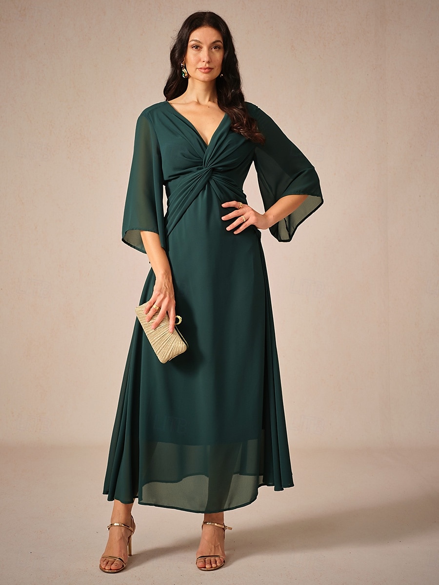 rochie de cocktail pentru invitați la nuntă pentru femei șifon uni cu volane răsucite elegantă rochie maxi de vară cu decolteu în V mânecă evazată lungime 3/4 2025 - $49.99 –P4