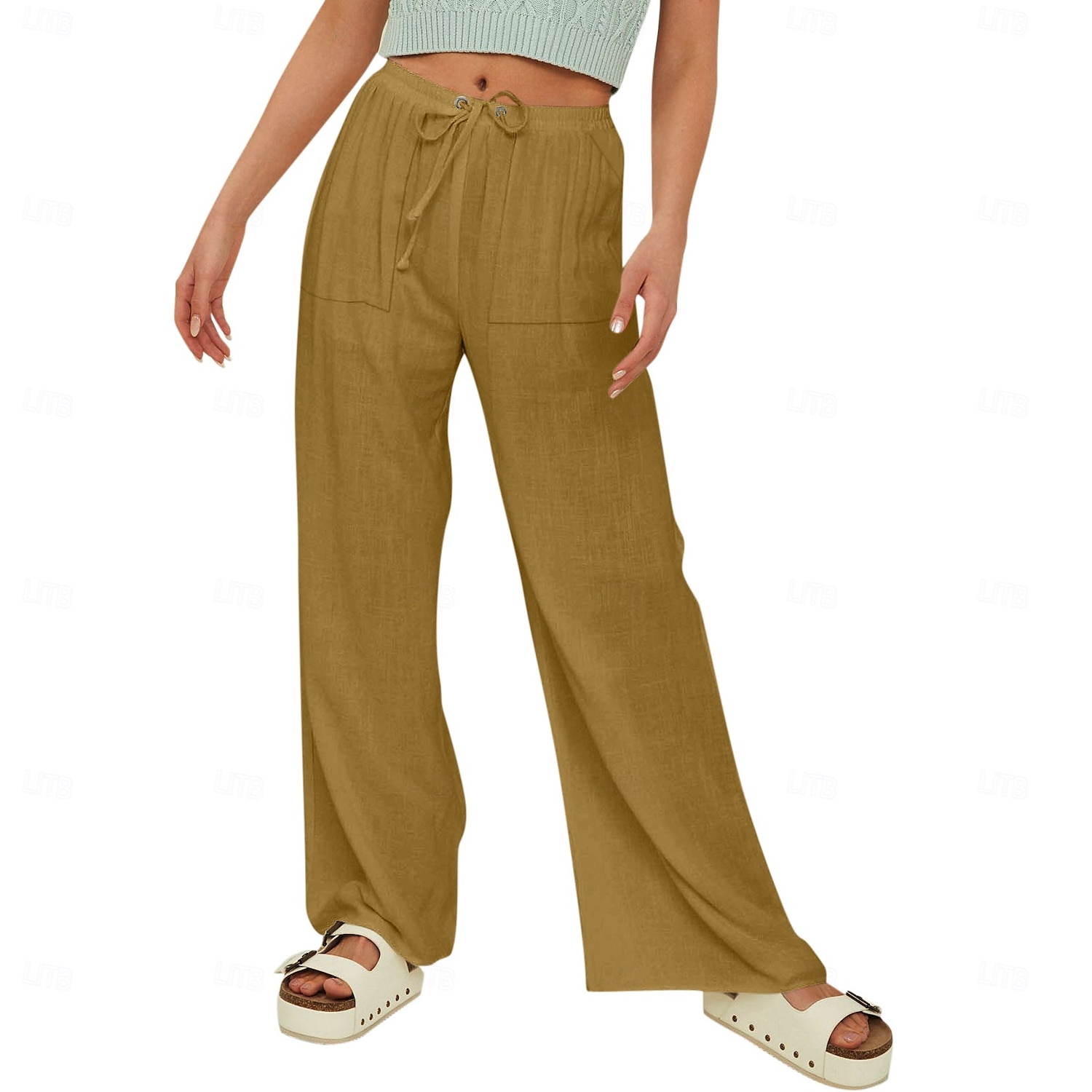 Women's Cotton Linen Pants Slacks Pants Trousers Streetwear Casual Calf-Length Natural Plain Pocket Elastic Drawstring Design Breathability Soft Comfortable Micro-elastic Vacation Casual Rust Red 2025 - $18.99 –P8